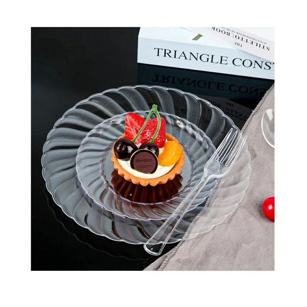 FOCUSLINE 100 Count Clear Plastic Plates 9 Inch, Disposable Heavy Duty Dinner...